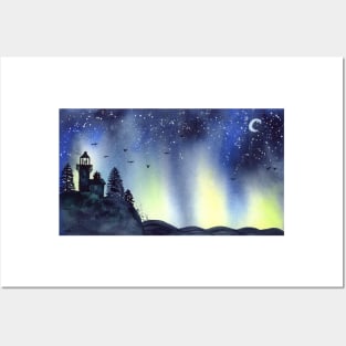 Whimsical Lighthouse with Northern Lights. Posters and Art